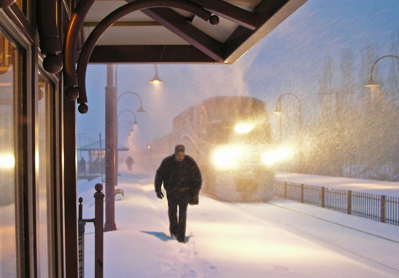 snowstorm at train station