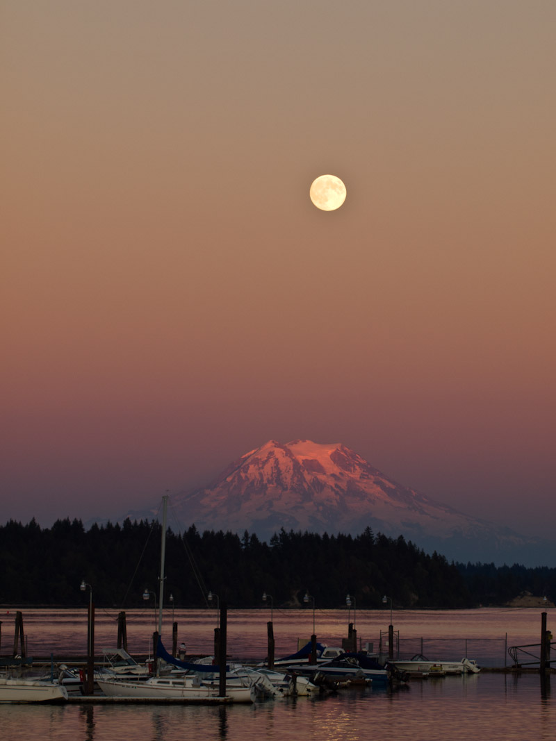 Moon over Mount Rainier at Sunset