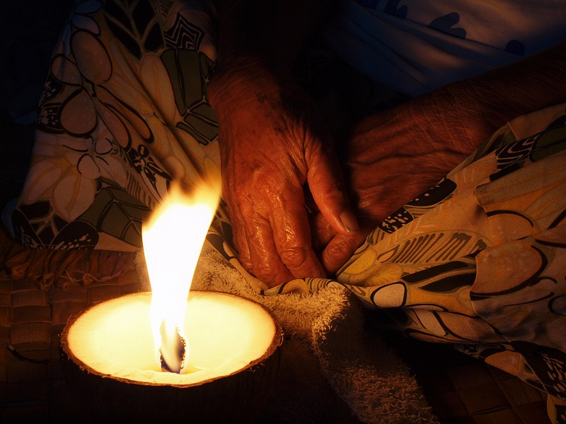 Coconut lamp and hands